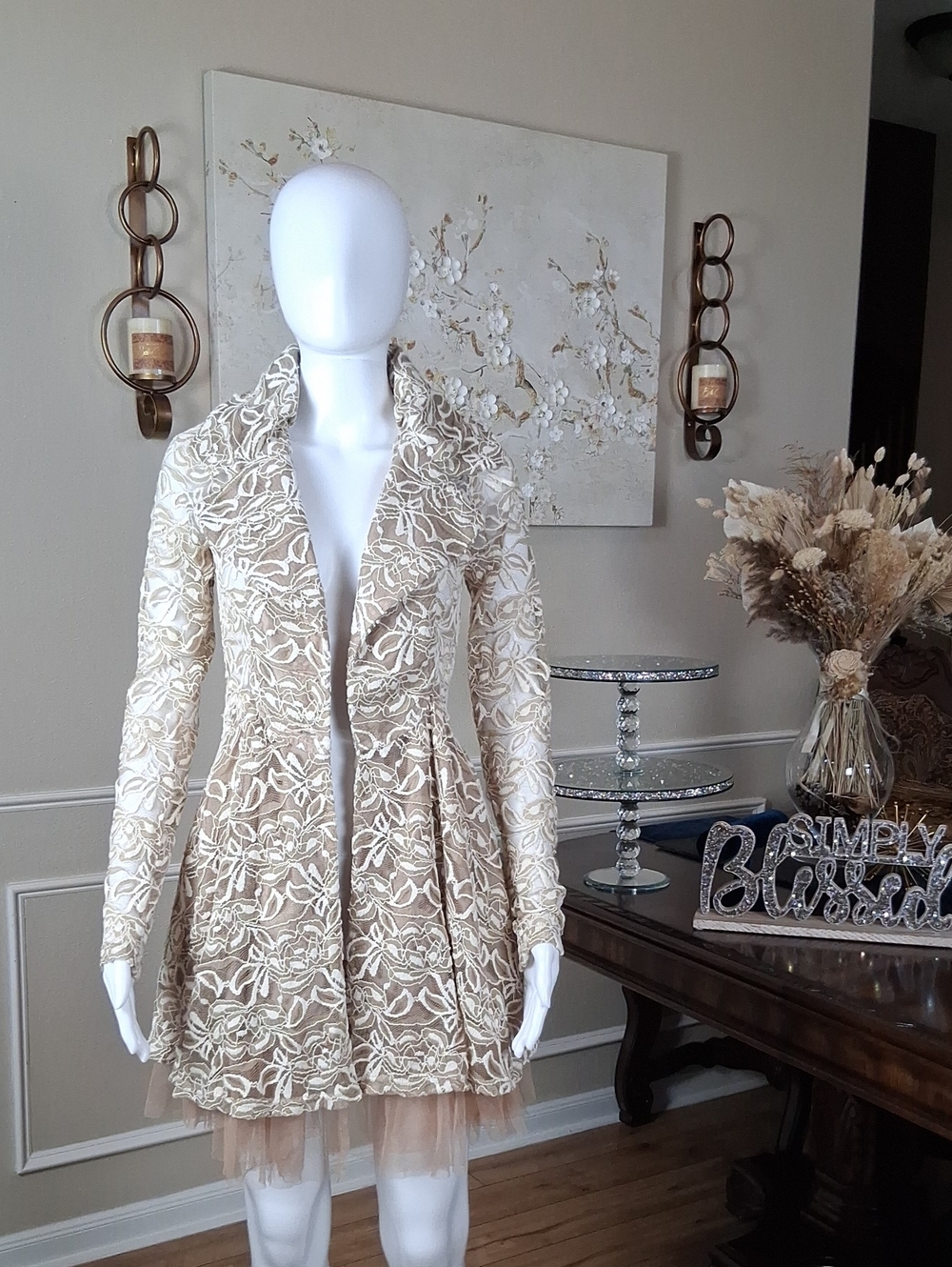 Women's Ivory And Tand Floral Lace Fit-and-Flare Coat Dress Tulle Trim Small - Picture 4 of 16